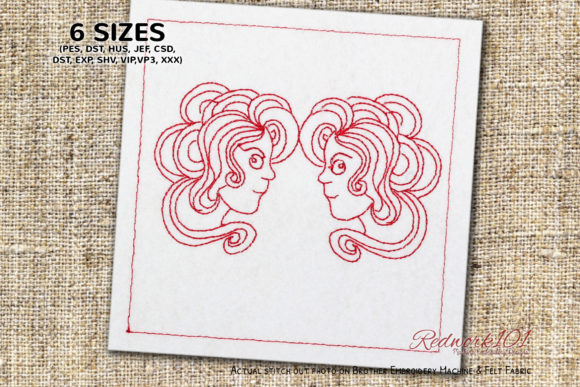 Girls Face Gemini Zodiac Redwork